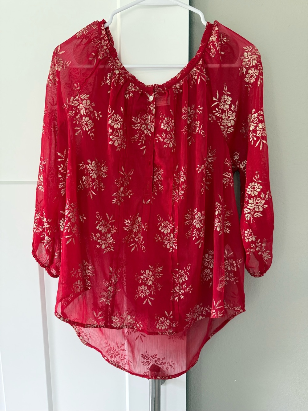 Abercrombie & Fitch Red Floral Sheer Peasant Blouse - Vintage